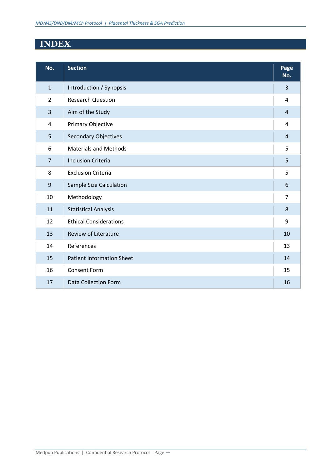 Sample protocol index showing all sections